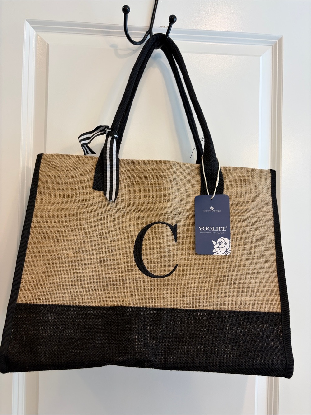 Black & Natural Jute Tote with Monogram C